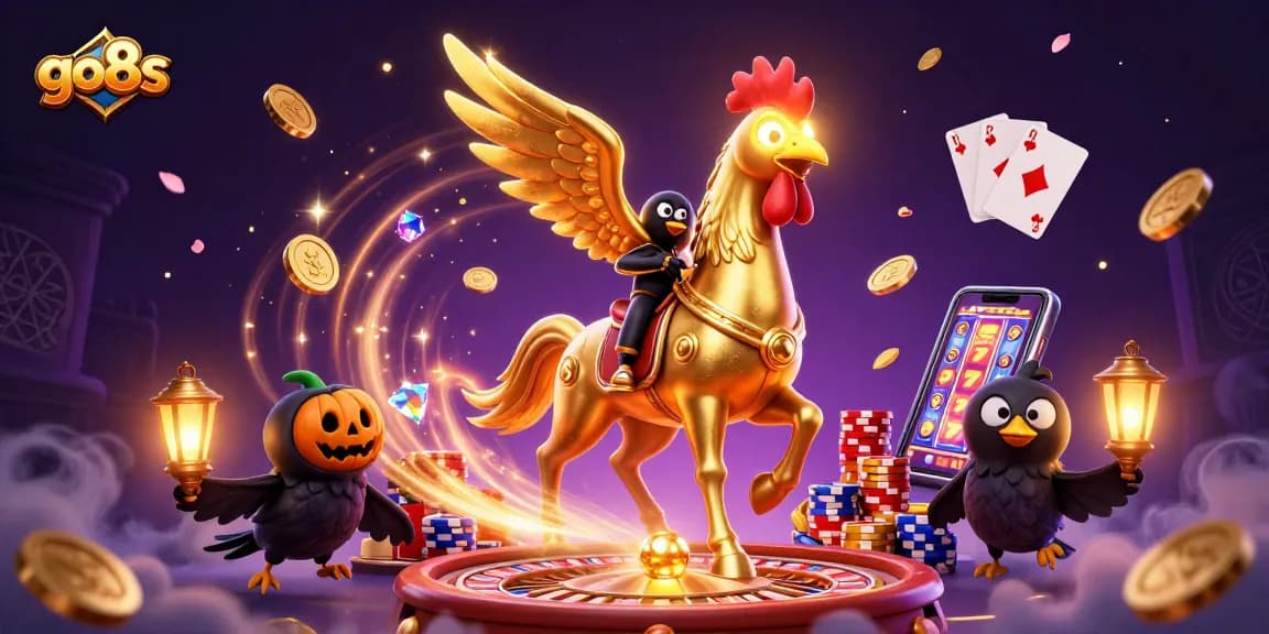 Spin the reels at go8s with excitement, featuring a golden rooster in a vibrant casino setting.