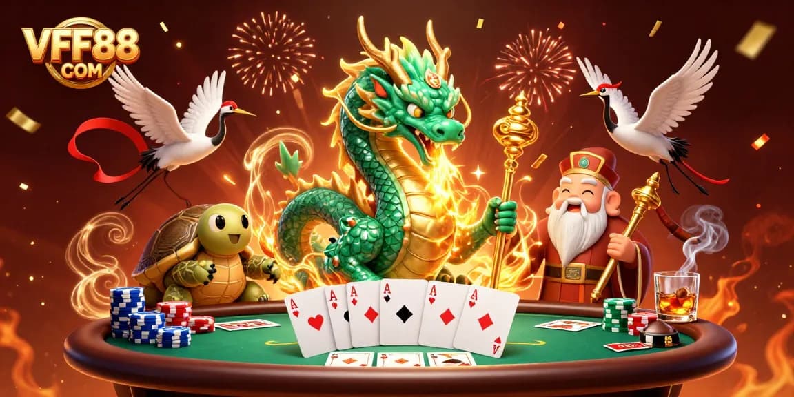 Experience the thrill of gaming with VFF88 COM, featuring a dynamic 3D dragon and lucky cranes.