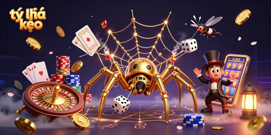 Experience the thrilling tỷ lệ kèo action with a steampunk spider and golden web in a casino-themed setting.