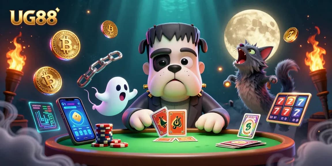 Engage in gaming action with UG88 at a lively casino scene featuring unique characters and vibrant casino elements.