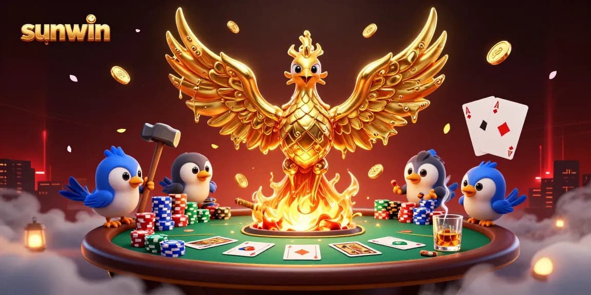 Boost your chances with Sunwin's gaming, featuring a golden phoenix and poker elements.
