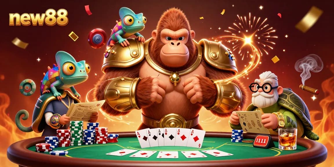 Join in the excitement at new88 with a vibrant casino scene featuring lively characters and poker elements.