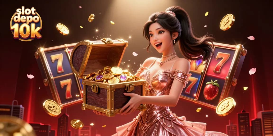 Experience thrilling wins at slot depo 10k with vibrant treasures and winning symbols in a dynamic illustration.