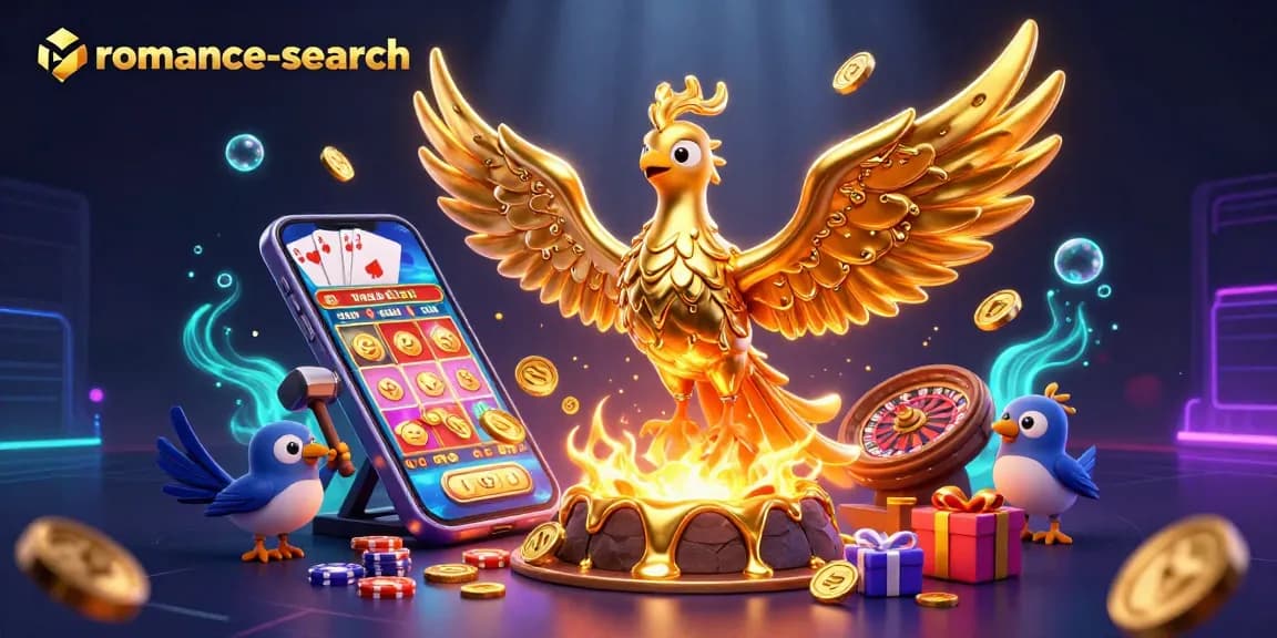 Engage in thrilling gameplay with romance-search in a vibrant 3D casino scene featuring gold coins and dynamic slot games.