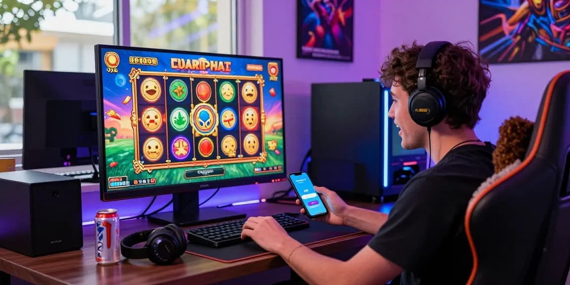 Engaging player enjoying online gaming with depo pulsa 10k tanpa potongan feature visible on screen, lively gaming setup.