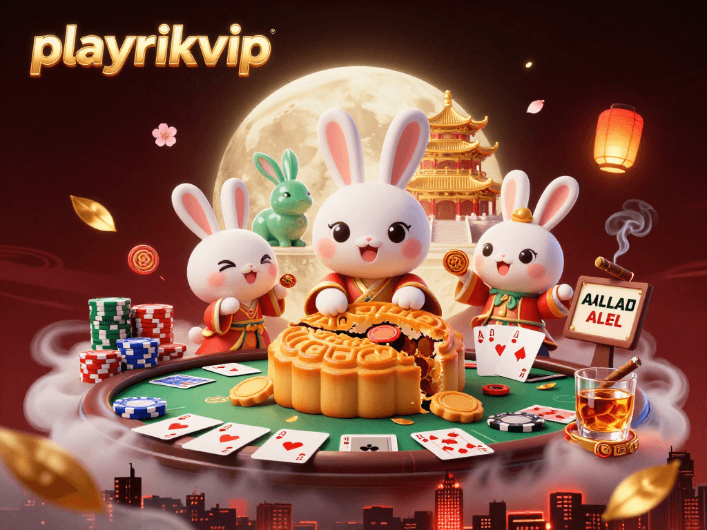 Experience winning poker moments with playrikvip in a vibrant lunar-themed casino illustration.
