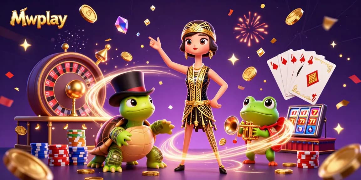 Experience the thrill of Mwplay with dynamic casino elements and vibrant characters in this 3D illustration.