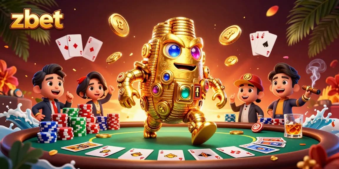 Experience the thrill of zbet casino gaming with vibrant poker elements and golden golem character.