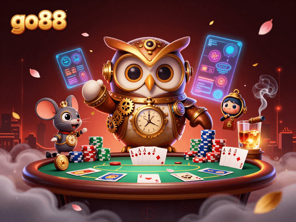 Experience go88's thrilling gaming scene with an owl in steampunk gear and rich poker elements.