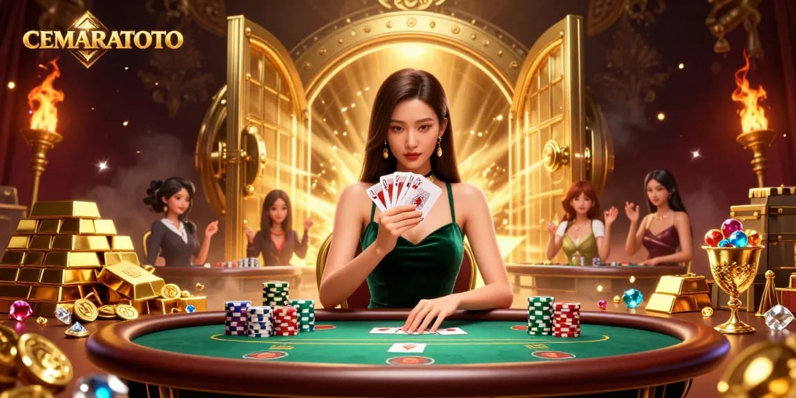 CEMARATOTO showcases a stunning poker scene with a focused player at a luxury table, surrounded by treasures.