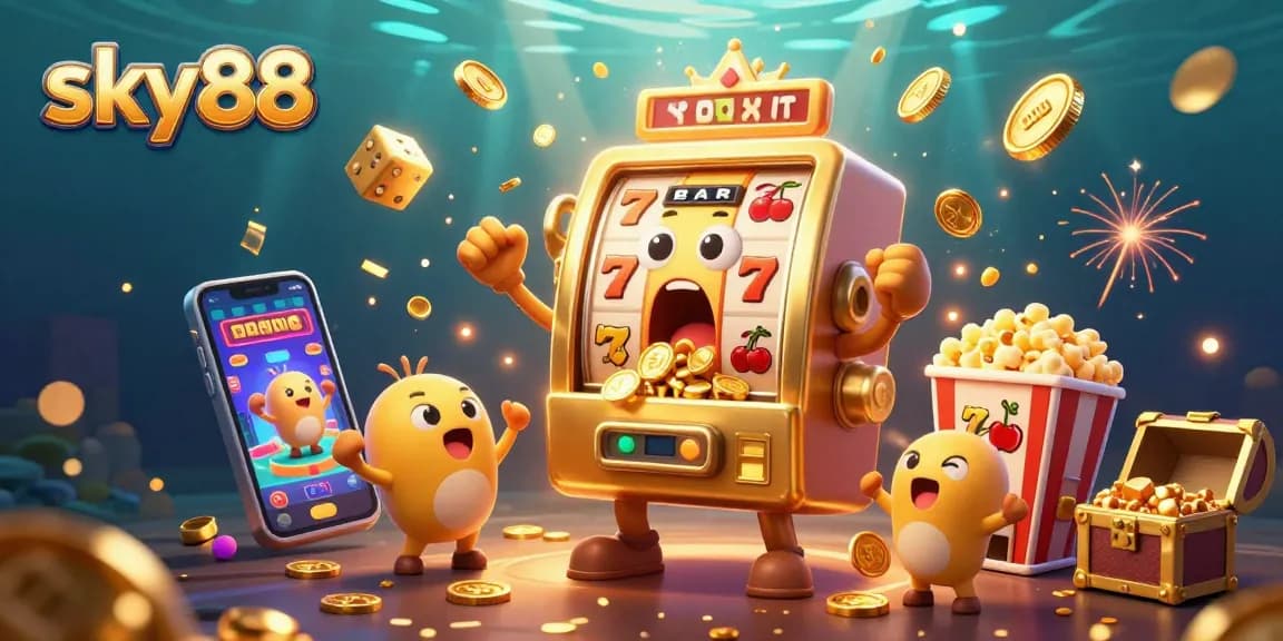 sky88 celebrates jackpots with a golden slot machine and baby slots amidst a vibrant casino scene.