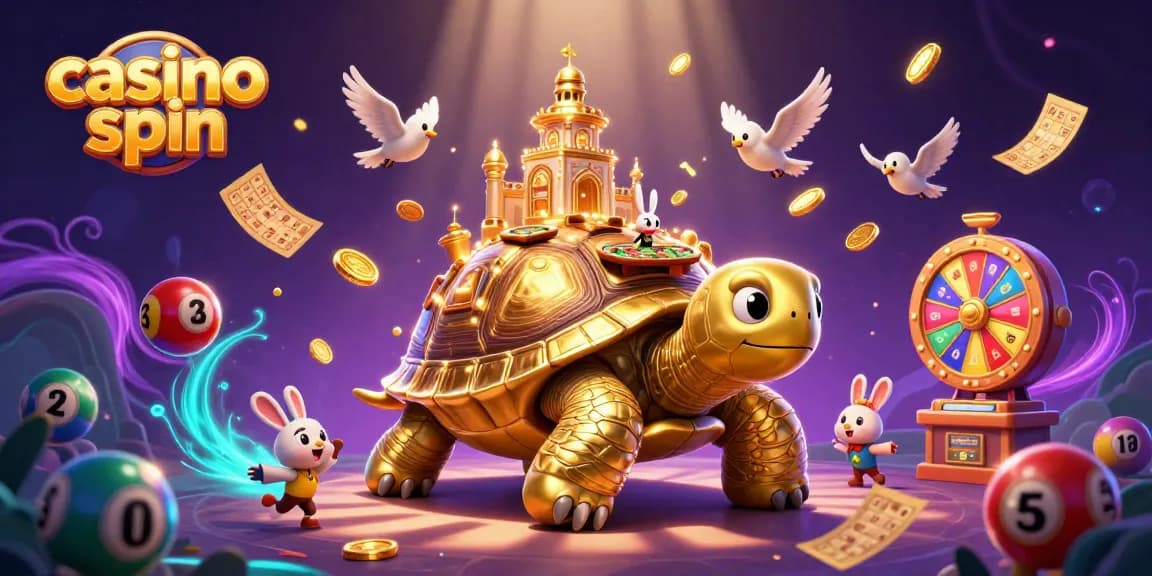 Experience the thrill of casino spin with a vibrant scene featuring a tortoise casino and a rabbit dealer.