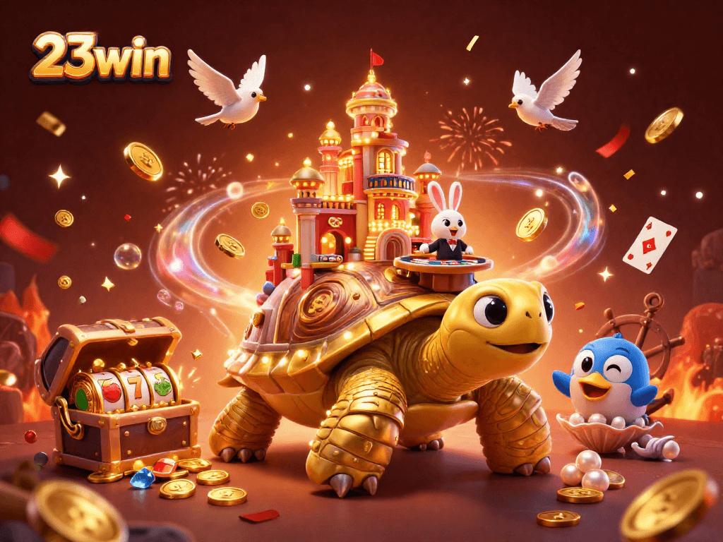 Experience the thrill of 23win with a golden tortoise casino scene packed with slot elements.