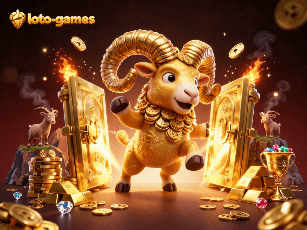 Experience the excitement of loto-games with a golden ram charging through treasure chests and gems!