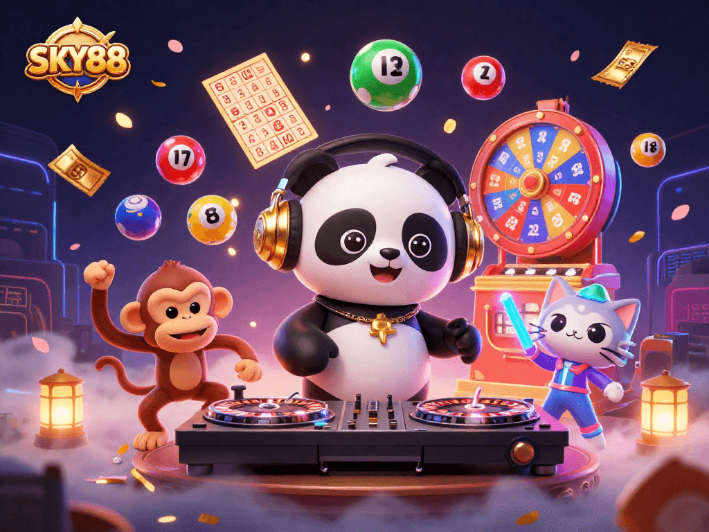 SKY88 features a vibrant casino scene with a DJ panda and dynamic lottery elements showcasing gaming excitement.