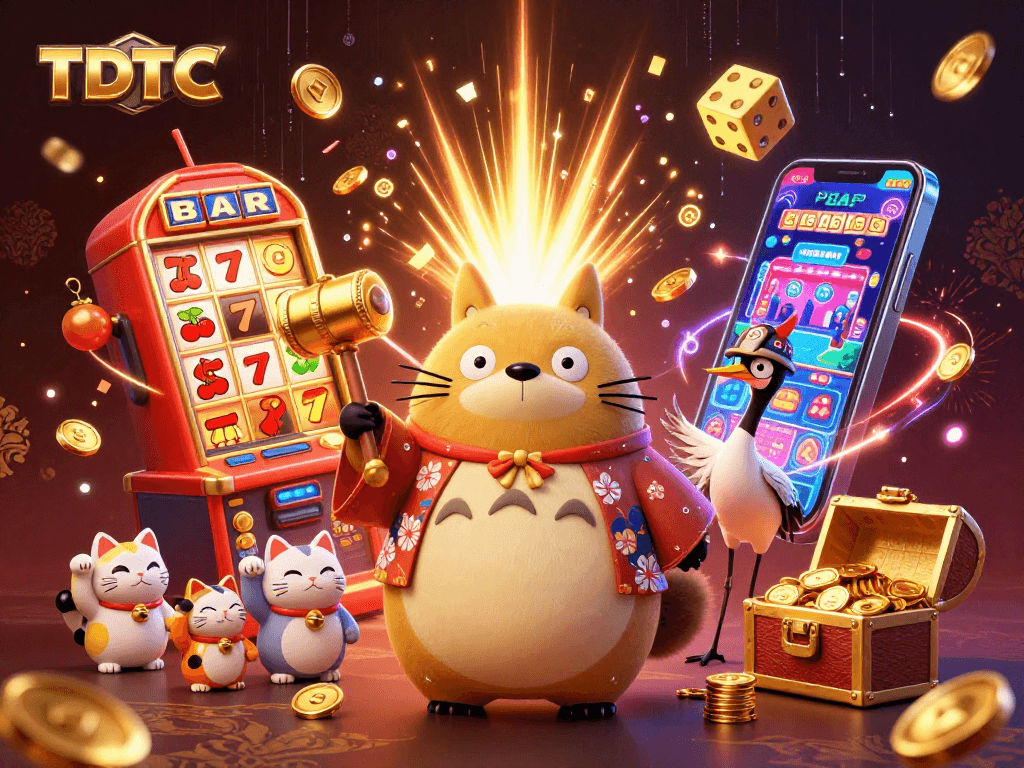 Experience the excitement of TDTC with cheerful tanuki and fortune cats in a vibrant casino scene.
