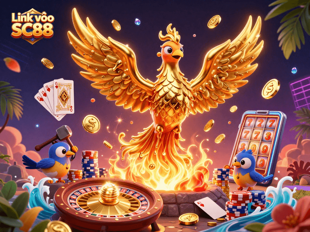 Experience the thrill with Link vào SC88 as a golden phoenix rises amidst coins and casino elements.