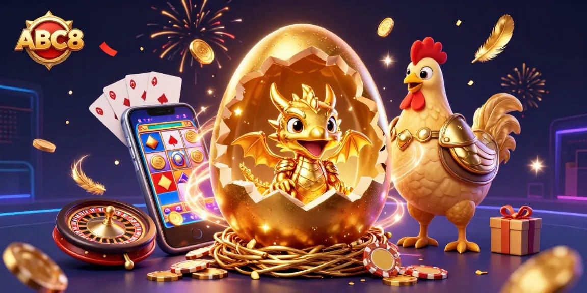 Experience the excitement at ABC8 with a vivid illustration of gaming elements and a magnificent golden dragon.