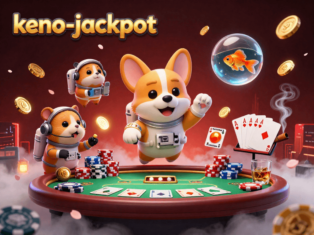 Engage with keno-jackpot in a vibrant casino scene featuring unique 3D characters.