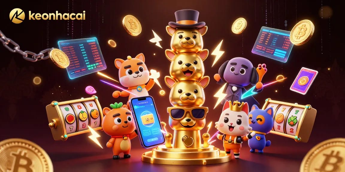 Engage in keonhacai gaming with vibrant 3D casino elements including coins and totem imagery.