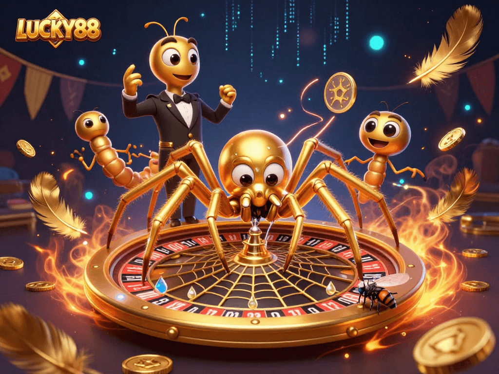 Engage in betting excitement at LUCKY88 with dynamic casino elements in a vivid 3D scene.