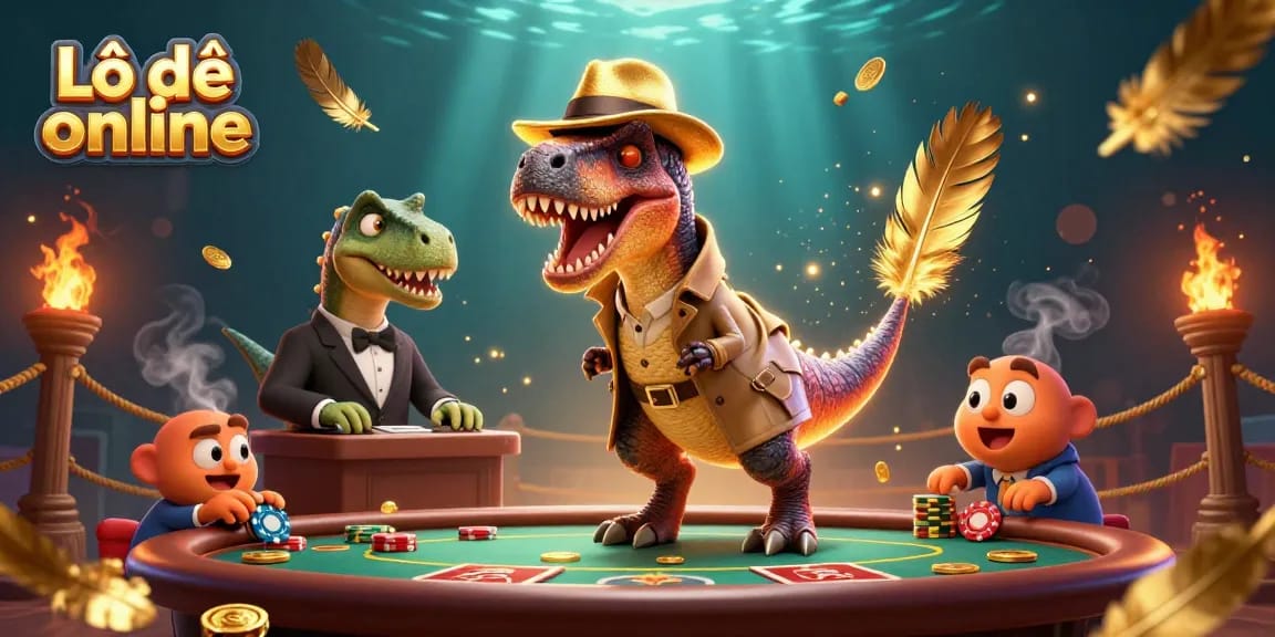 Lô đề online thrilling gameplay scene with velociraptor card counter and stegosaurus pit boss at a vibrant casino table