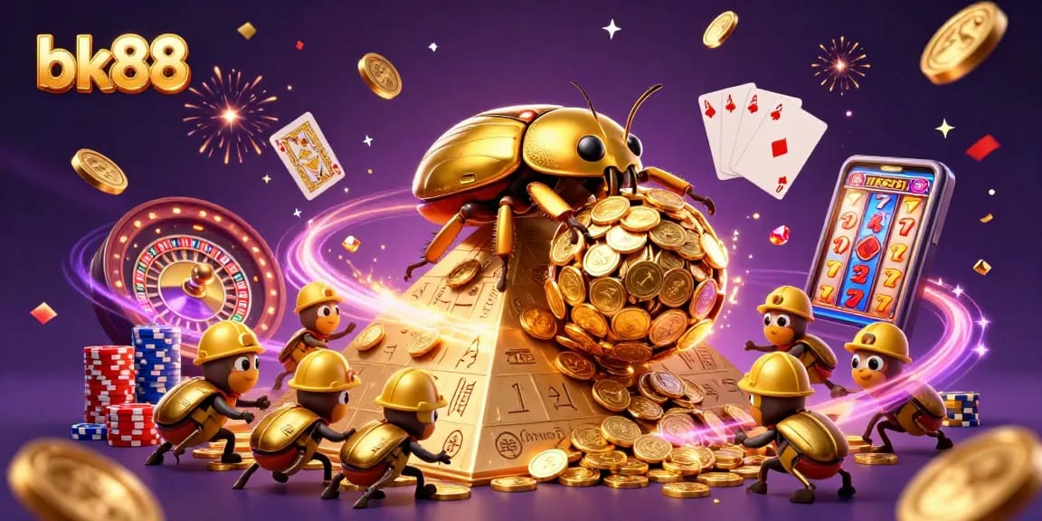 Bk88's golden beetle rolls coins up a pyramid, embracing celebratory casino elements.