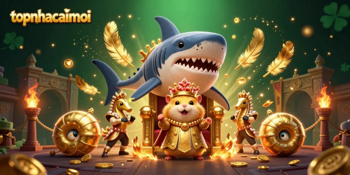 Engage with topnhacaimoi in a vibrant casino scene featuring a fierce hamster king and royal seahorse guards.