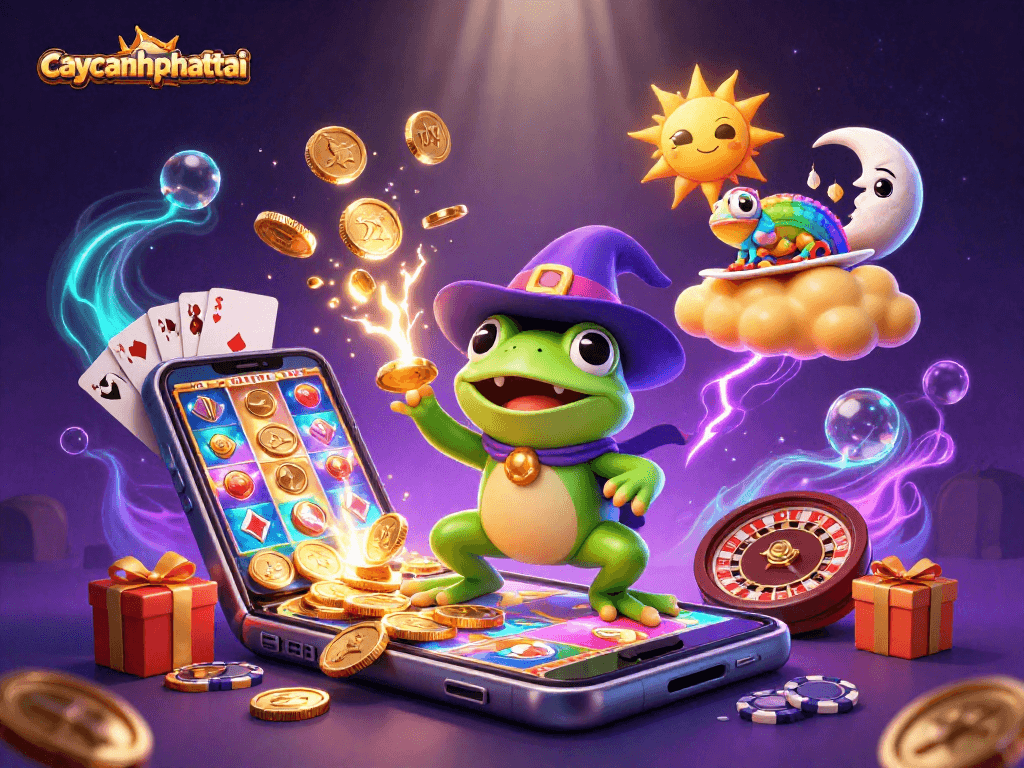 Spin the reels and win big with caycanhphattai, featuring a wizard frog and chameleon amidst a bounty of golden coins.