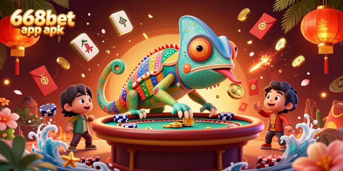 Engage with the thrilling 668bet app apk in a vibrant casino scene featuring a colorful chameleon.