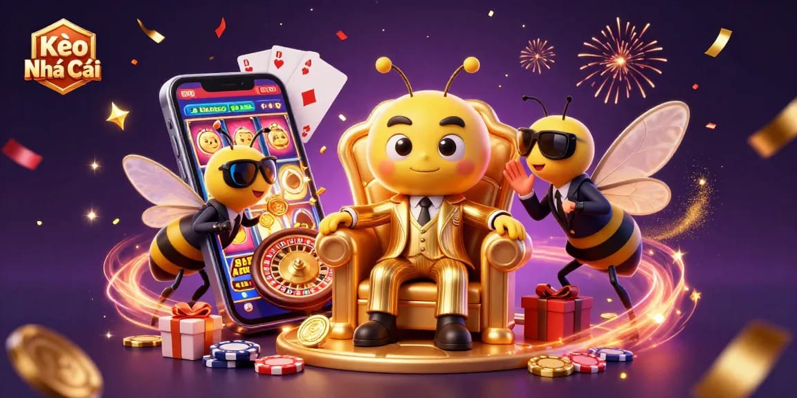 Kèo Nhà Cái: Engaging 3D digital illustration featuring a bumblebee mob boss surrounded by casino elements, showcasing vibrant gambling themes.