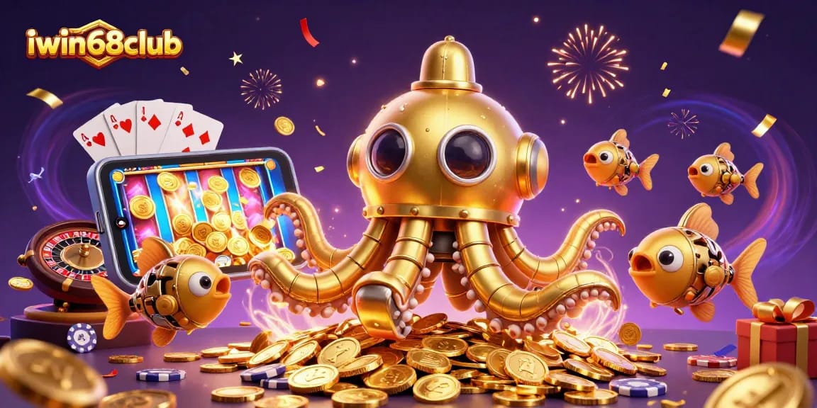Engage in thrilling gameplay with iwin68club, showcasing a golden kraken submarine amid casino elements.