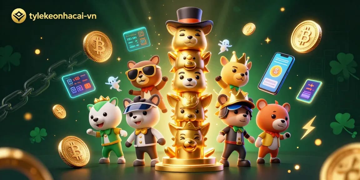 Engage with tylekeonhacai-vn through this vibrant 3D casino scene featuring animated characters and crypto elements.
