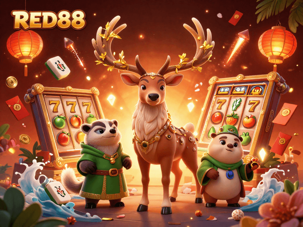 Experience the thrill of RED88 with slot reels and vibrant symbols in an enchanting 3D illustration.