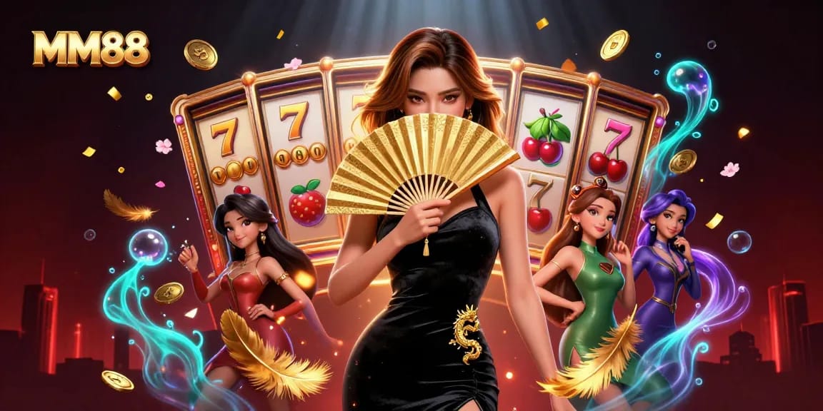Play games at MM88, featuring a stunning Asian woman in a lavish casino with floating slot reels.