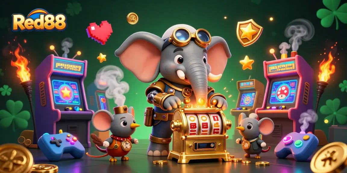 Experience thrilling gameplay with Red88's lively slot machines and steampunk characters in a vibrant casino setting.