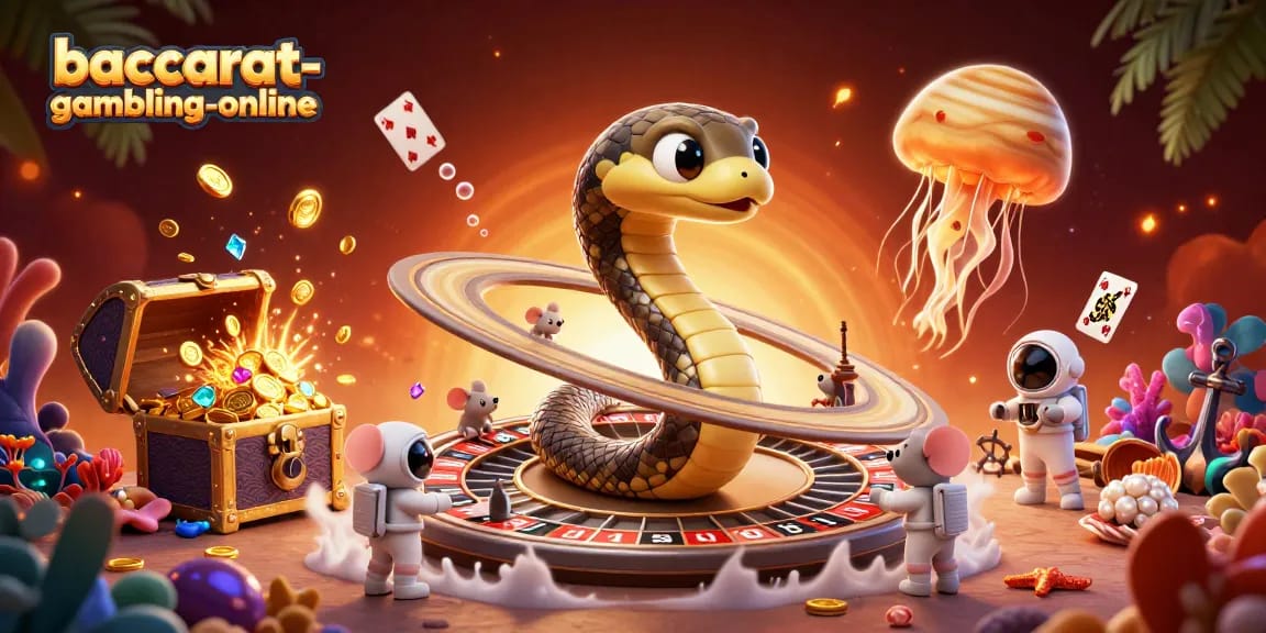Baccarat-gambling-online showcases a lively scene with bets placed by astronaut mice around a cosmic roulette wheel.