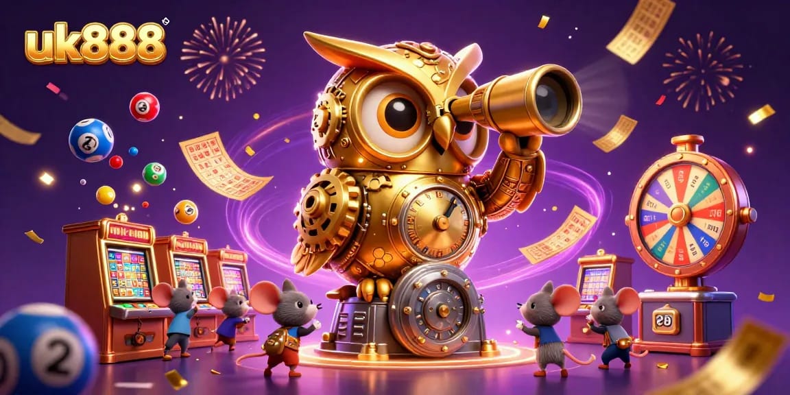 Engage with the exciting world of uk888 as a golden owl watches over dynamic casino activities.