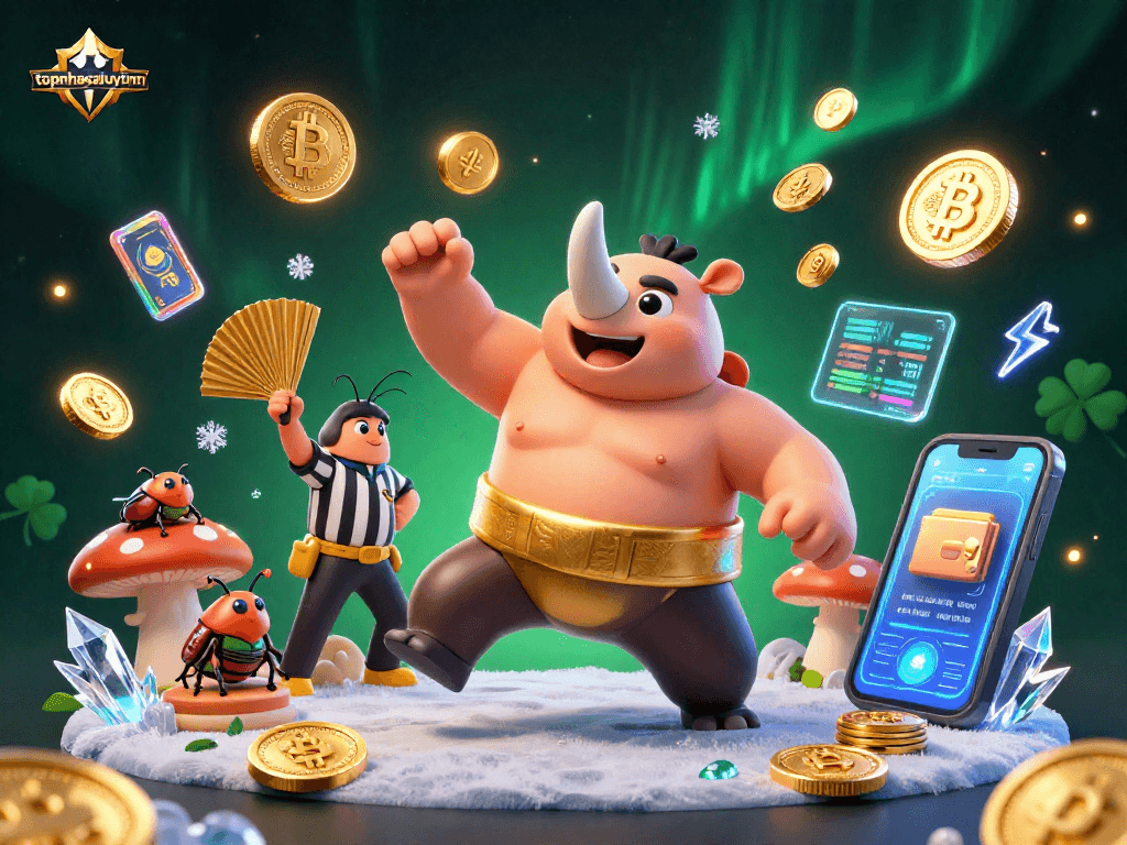 Experience thrilling gameplay with topnhacaiuytinn in a vibrant 3D casino scene with gold coins and crypto elements.