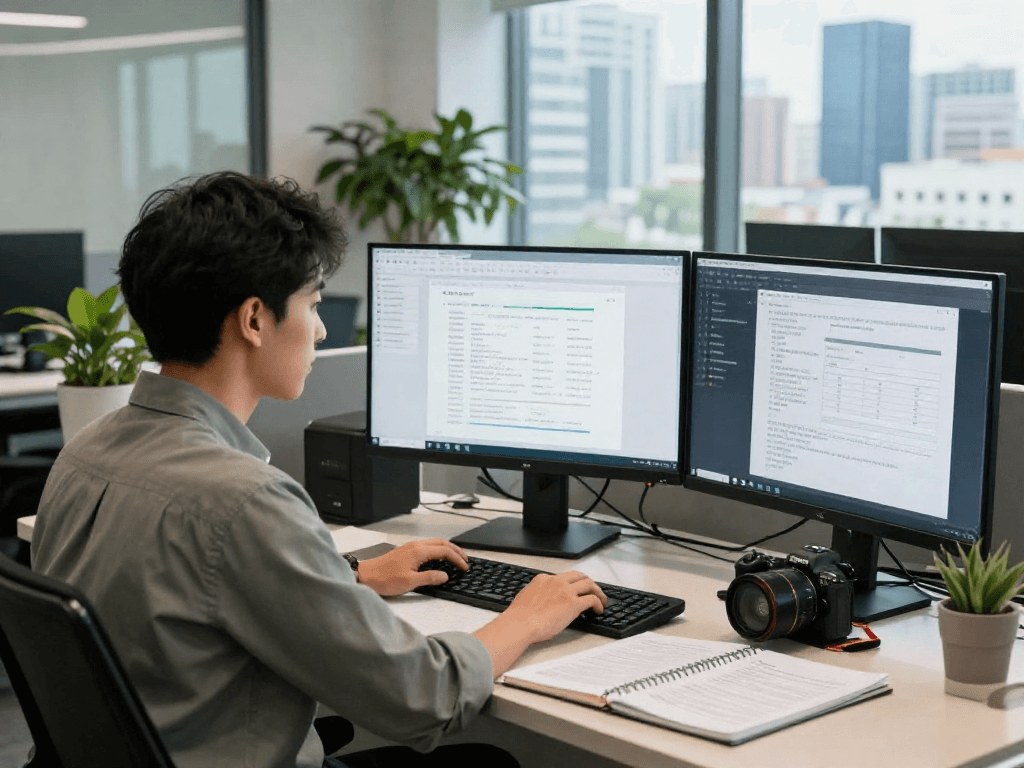 Engaged professional conducting document fraud detection analysis in a modern workspace using advanced tools and analytics.