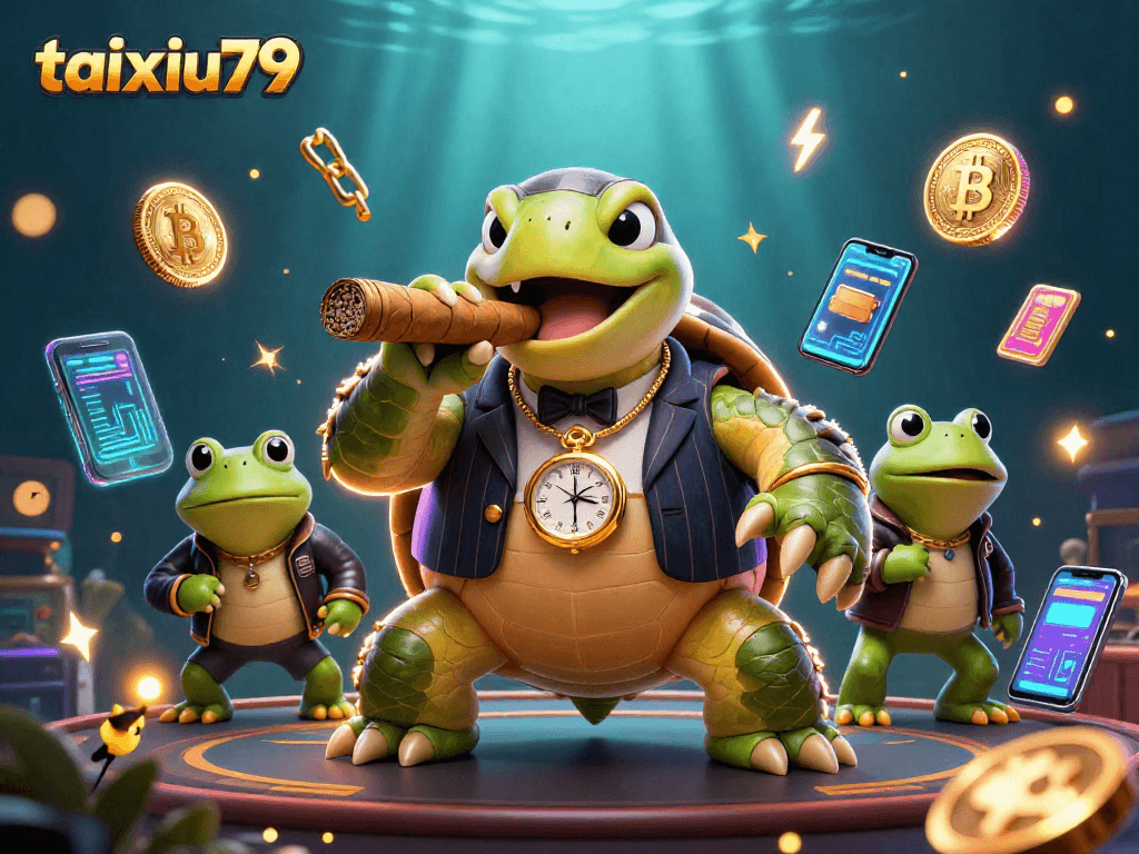Join taixiu79's thrilling casino adventure with 3D turtle mobsters and vibrant crypto elements.