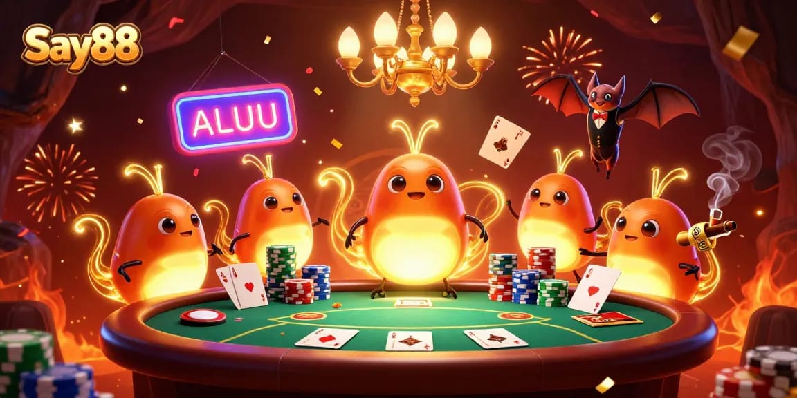Light up your game with Say88's vibrant casino environment, featuring cartoon glowworms and a bat dealer.