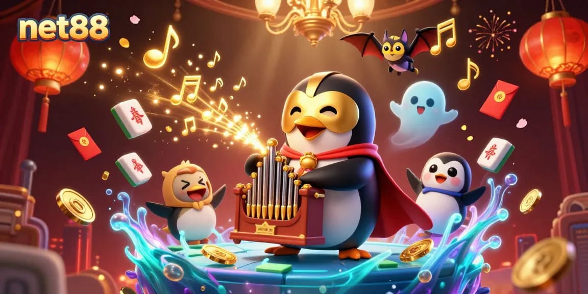 Experience net88 action with a 3D penguin organist shooting coins in a vibrant casino scene.