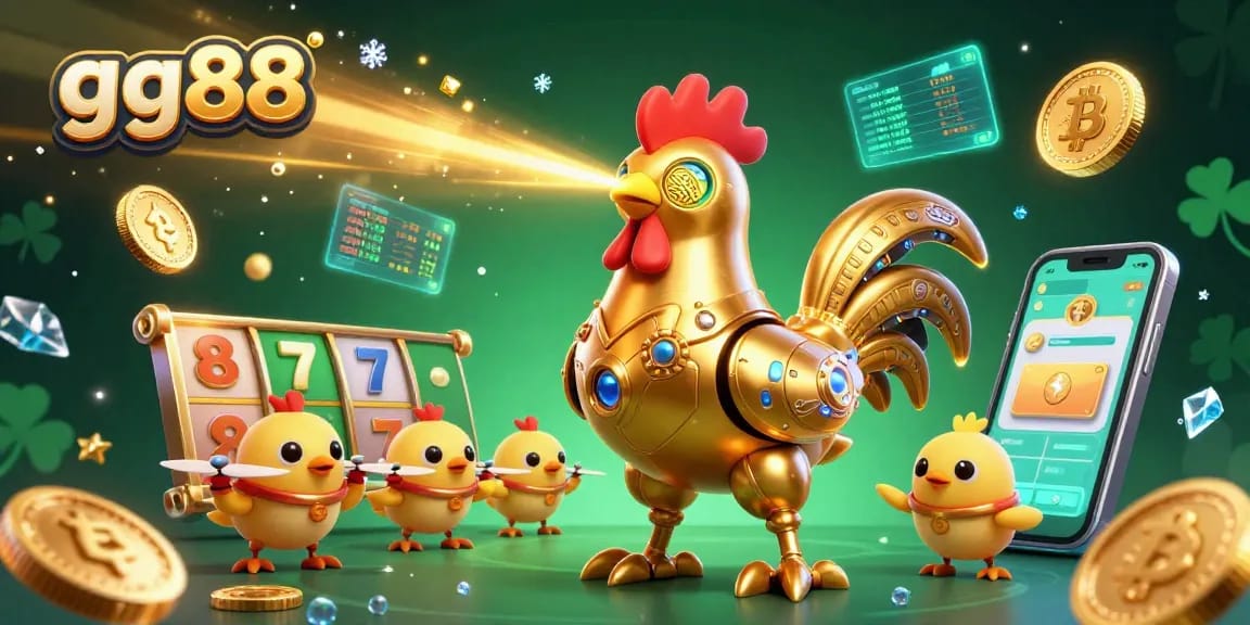Experience thrilling gameplay with gg88, showcasing an interactive 3D casino scene featuring a golden rooster robot and crypto elements.