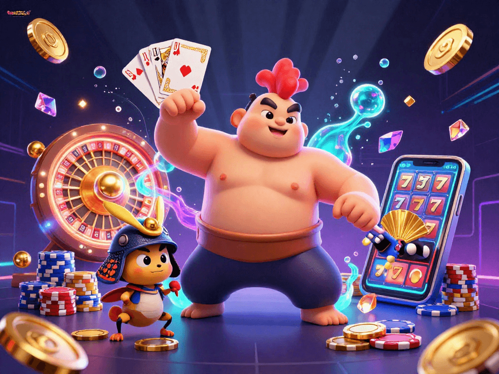 Engage in thrilling gaming with topnhacai247 featuring dynamic 3D characters in a vibrant casino scene.