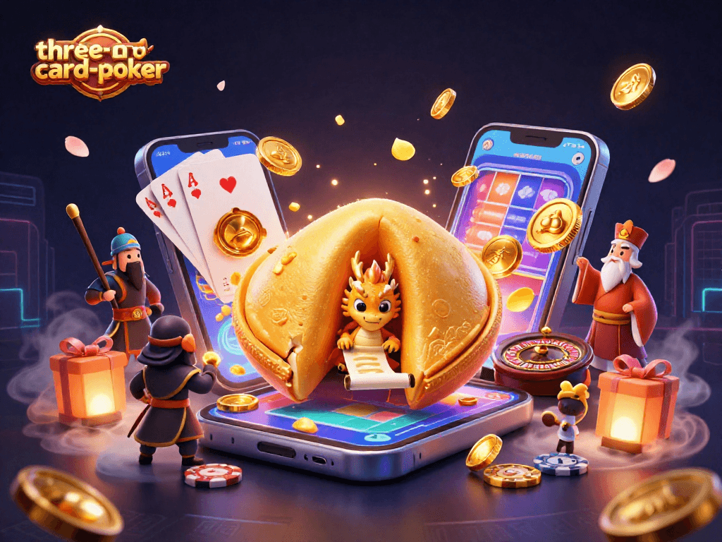 Experience thrilling three-card-poker with dynamic gameplay and golden rewards in this vibrant illustration.