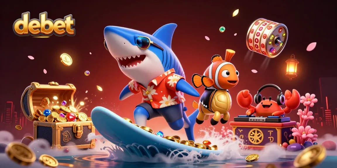 Surf the wave of gold coins with Debet's fun-loving shark on an exciting gaming adventure.