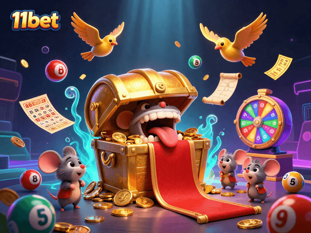 11bet lottery-themed illustration showing a colorful scene with mice, vibrant gaming elements, and a treasure chest.