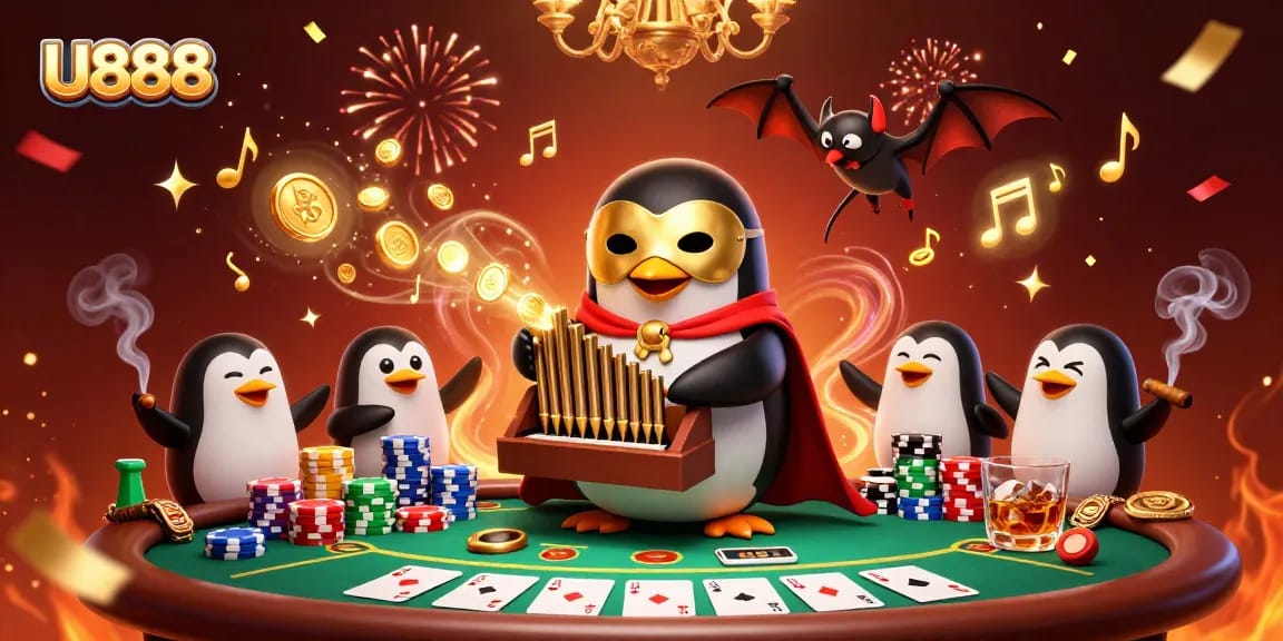 Experience the thrill of U888 with a playful ghostly scene of a penguin and vibrant casino elements.