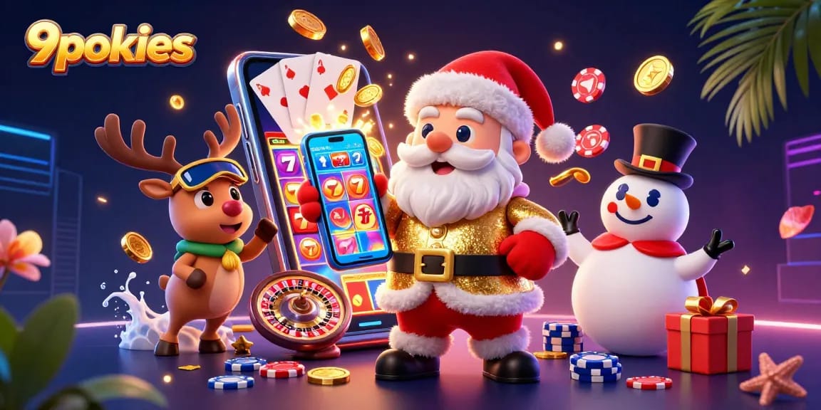 Engage with thrilling 9pokies adventures, featuring Santa and friends in a vibrant casino scene.